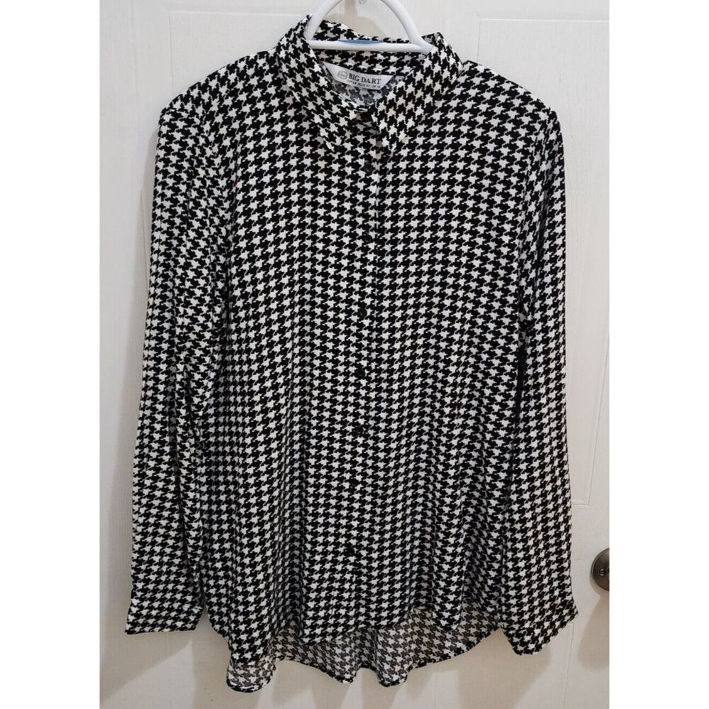 Big Dart Women's Long Sleeve Button Up Blouse Black/White Houndstooth Print XL